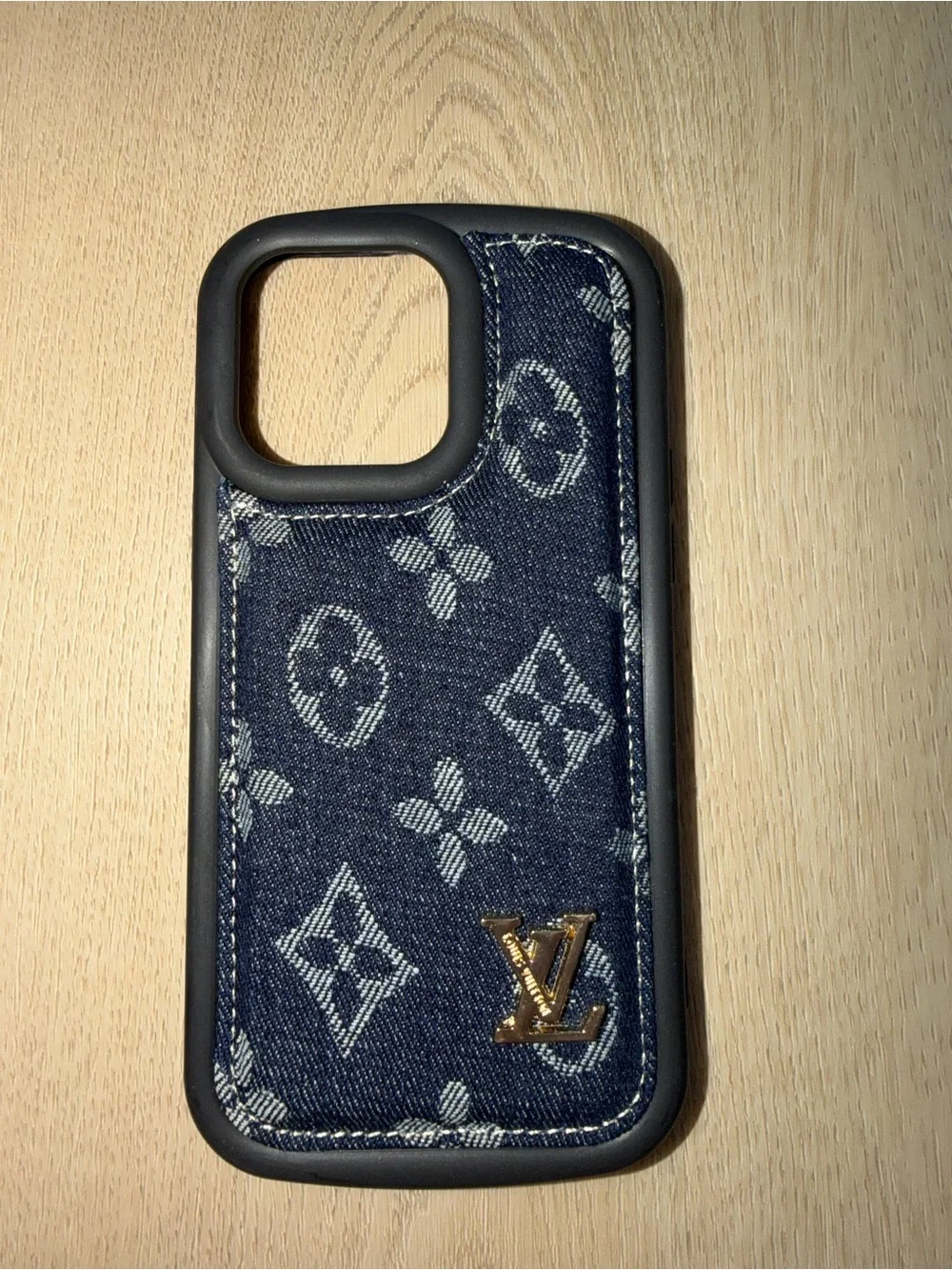 LV Blue Denim Monogram iPhone 14 Pro Max Case Gold Logo